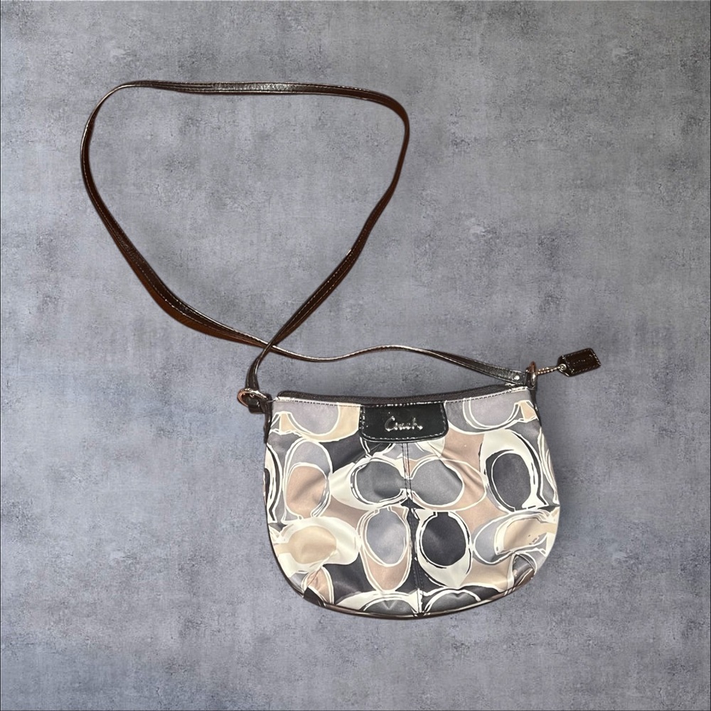 Coach Signature Multicolor Satin Scarf Crossbody Grey Tan Bag